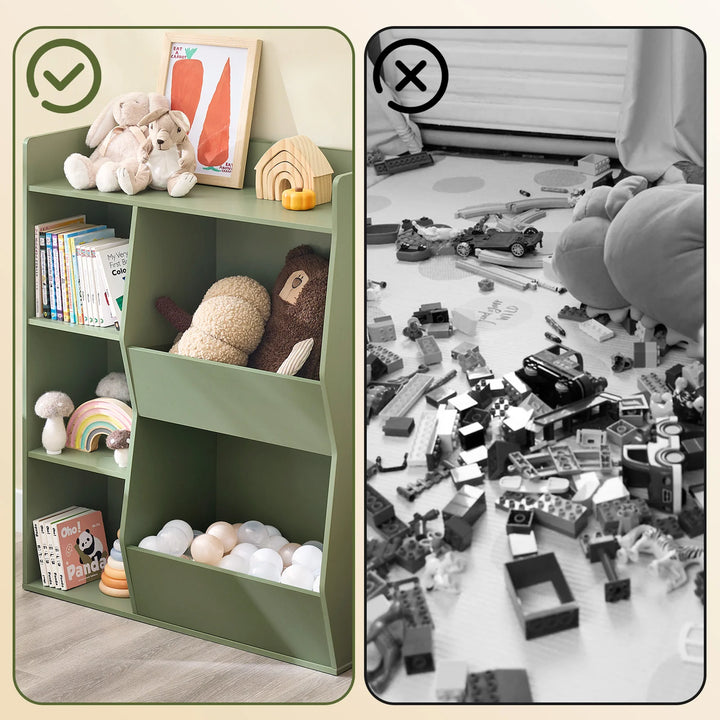 Montessori børnehylde med 5 åbne rum til legetøjsopbevaring – grøn, 80 x 104 x 34 cm