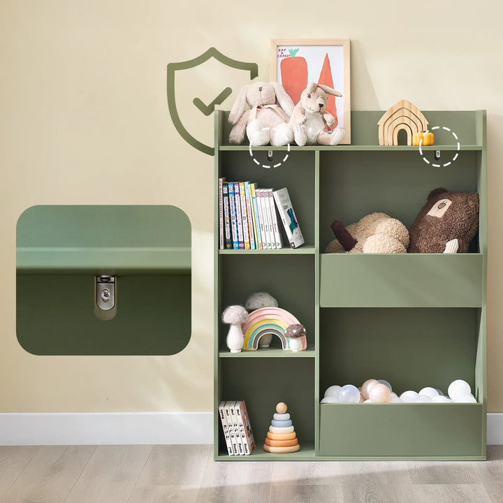 Montessori børnehylde med 5 åbne rum til legetøjsopbevaring – grøn, 80 x 104 x 34 cm