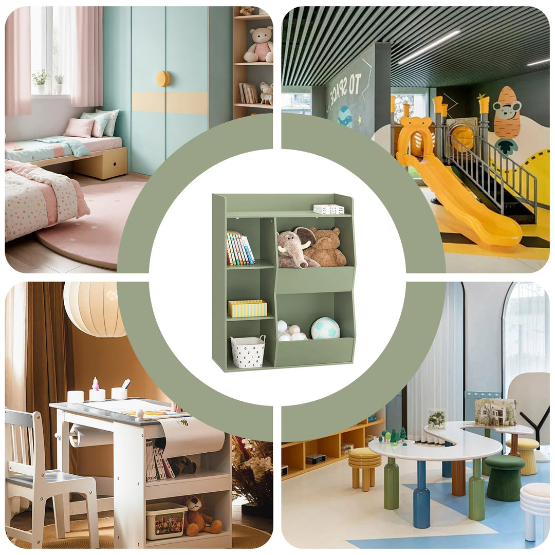 Montessori børnehylde med 5 åbne rum til legetøjsopbevaring – grøn, 80 x 104 x 34 cm