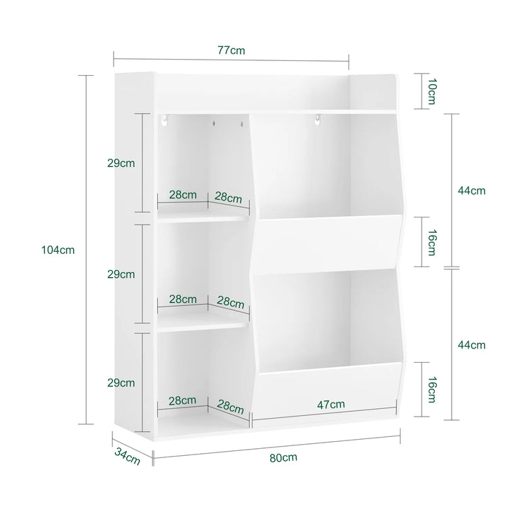 Montessori børnebibliotek med 5 åbne hylder til legetøjsopbevaring – hvid, 80 x 104 x 34 cm