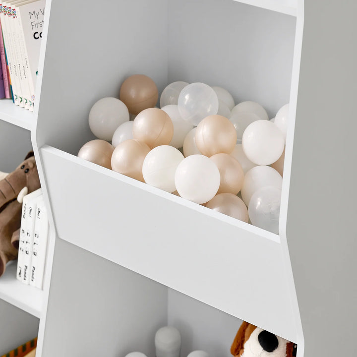 Montessori børnebibliotek med 5 åbne hylder til legetøjsopbevaring – hvid, 80 x 104 x 34 cm