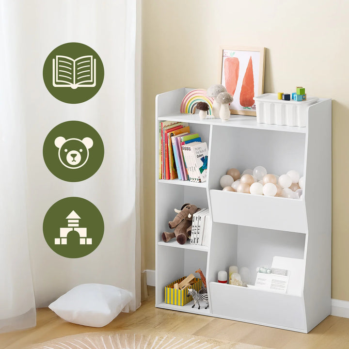 Montessori børnebibliotek med 5 åbne hylder til legetøjsopbevaring – hvid, 80 x 104 x 34 cm