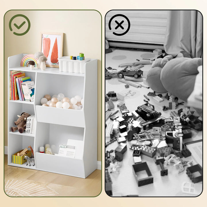 Montessori børnebibliotek med 5 åbne hylder til legetøjsopbevaring – hvid, 80 x 104 x 34 cm