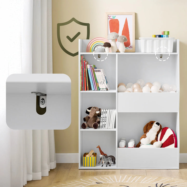 Montessori børnebibliotek med 5 åbne hylder til legetøjsopbevaring – hvid, 80 x 104 x 34 cm