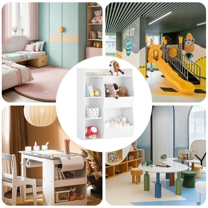 Montessori børnebibliotek med 5 åbne hylder til legetøjsopbevaring – hvid, 80 x 104 x 34 cm