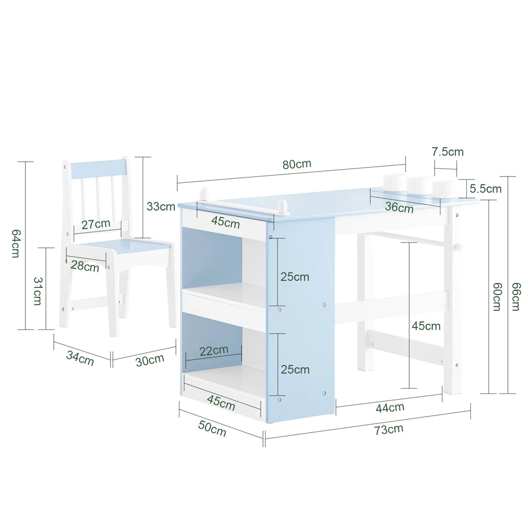 Elegant skrivebordssæt til børn med dekorationer i blå/hvid
