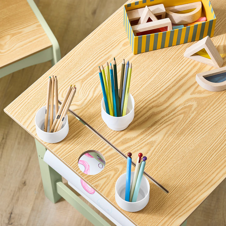 Børnebord og stol sæt med papirrulleholder – grøn, 80 x 66 x 50 cm