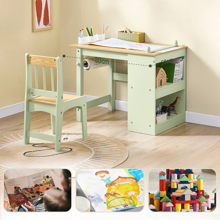 Børnebord og stol sæt med papirrulleholder – grøn, 80 x 66 x 50 cm