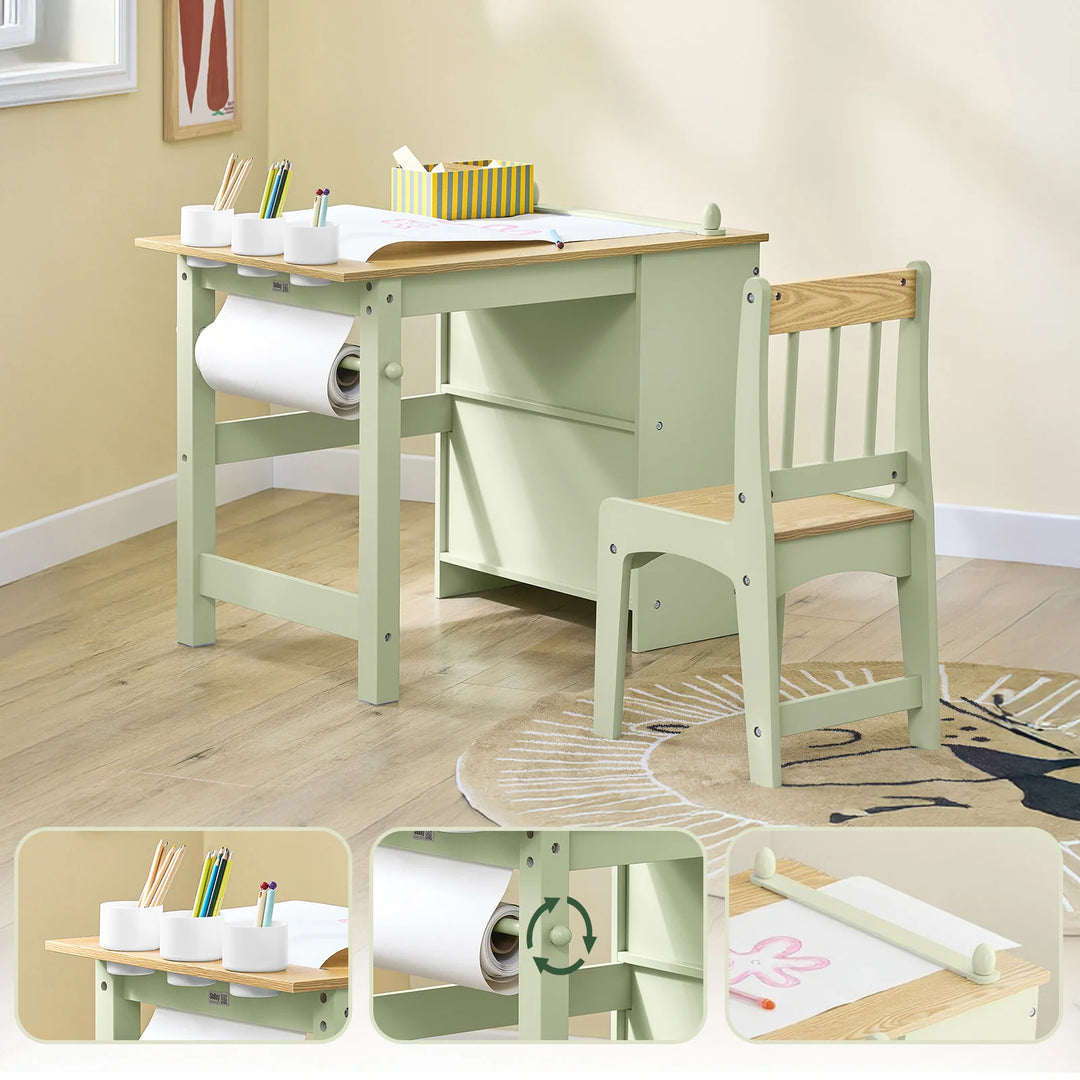 Børnebord og stol sæt med papirrulleholder – grøn, 80 x 66 x 50 cm