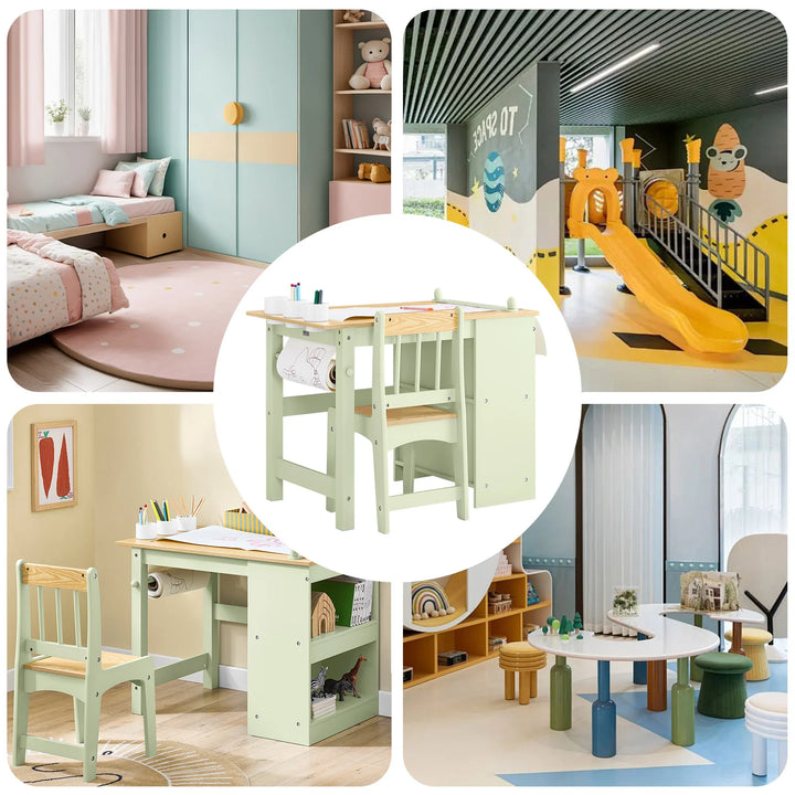 Børnebord og stol sæt med papirrulleholder – grøn, 80 x 66 x 50 cm