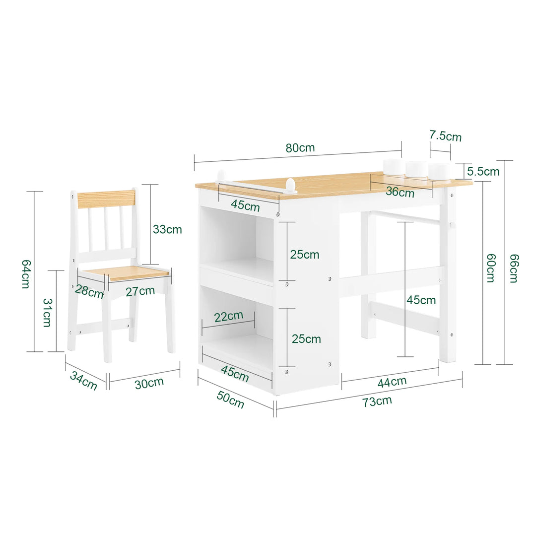 Børnebord og stol sæt med opbevaringshylder og papirrulleholder – hvid og naturel, 80x50x66 cm