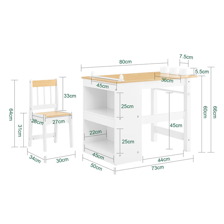 Børnebord og stol sæt med opbevaringshylder og papirrulleholder – hvid og naturel, 80x50x66 cm