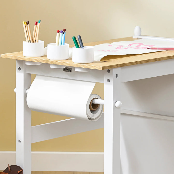Børnebord og stol sæt med opbevaringshylder og papirrulleholder – hvid og naturel, 80x50x66 cm