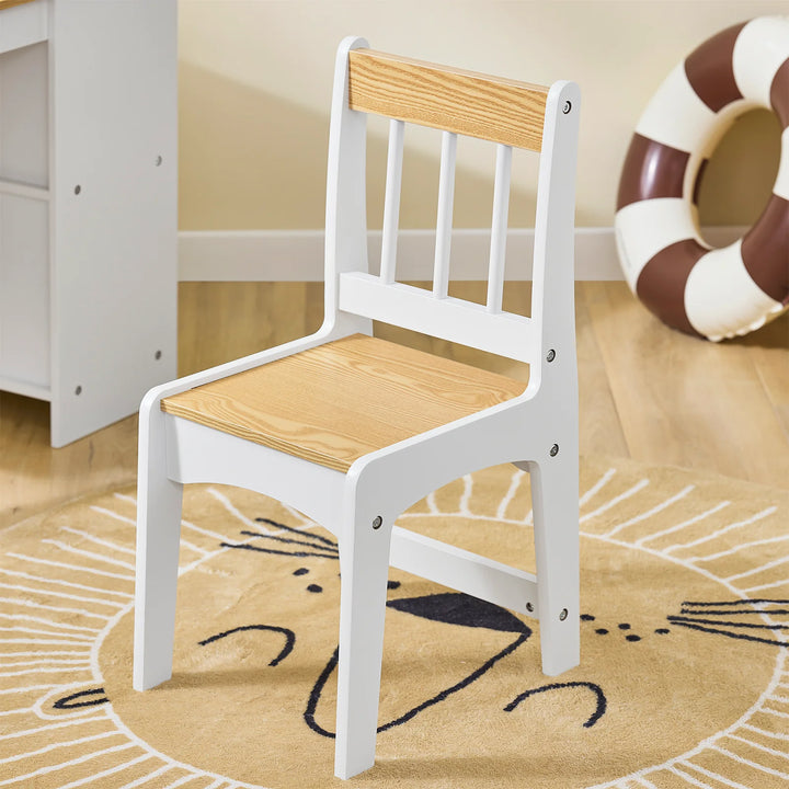 Børnebord og stol sæt med opbevaringshylder og papirrulleholder – hvid og naturel, 80x50x66 cm