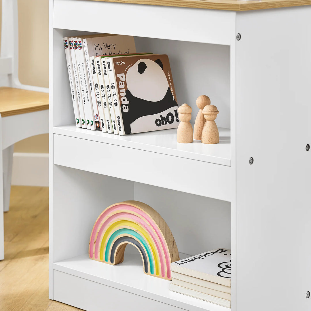 Børnebord og stol sæt med opbevaringshylder og papirrulleholder – hvid og naturel, 80x50x66 cm