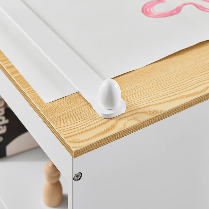 Børnebord og stol sæt med opbevaringshylder og papirrulleholder – hvid og naturel, 80x50x66 cm