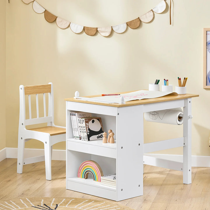 Børnebord og stol sæt med opbevaringshylder og papirrulleholder – hvid og naturel, 80x50x66 cm