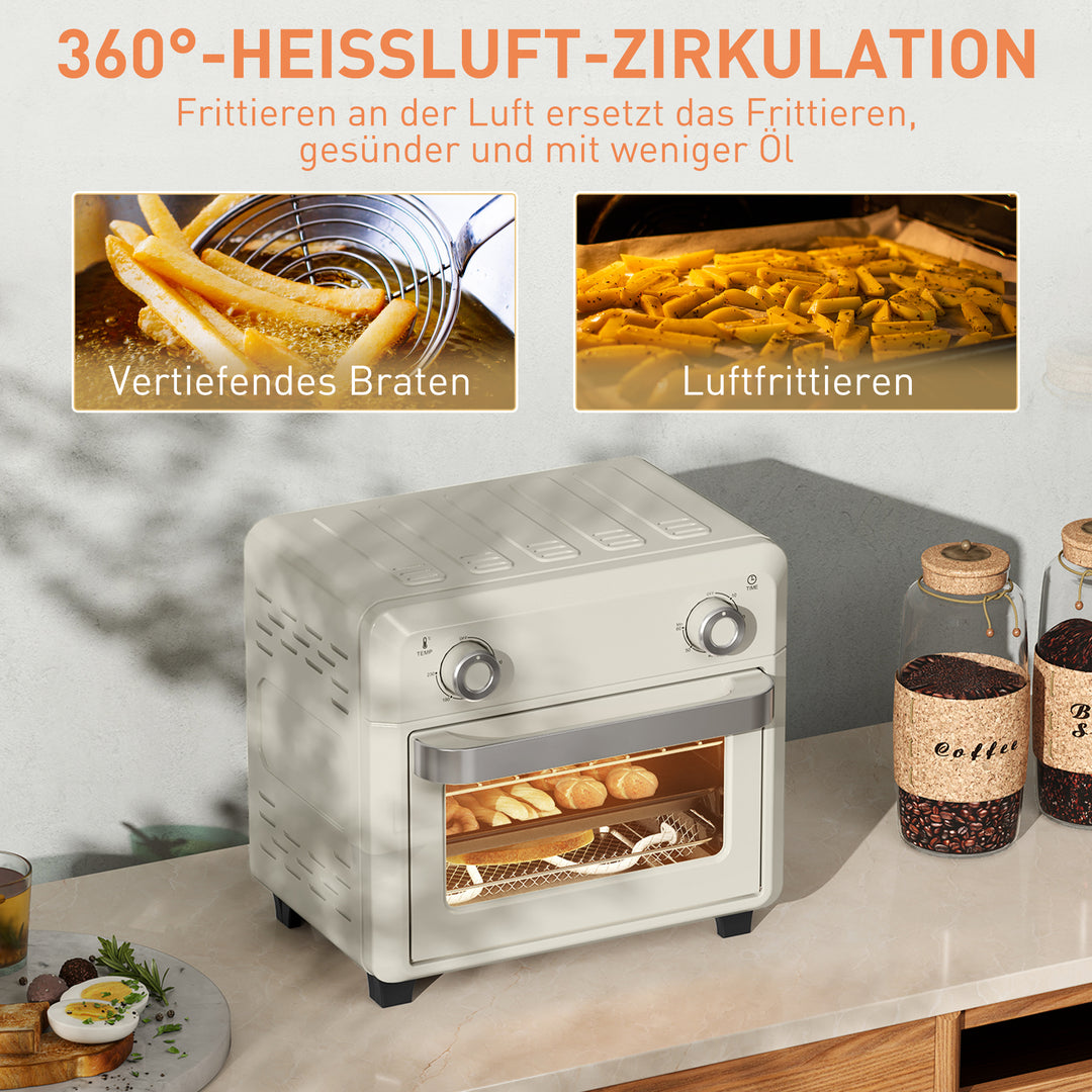 10L varmluftovn til grill, bagning og stegning, timer, 1000W, tåler opvaskemaskine, cremehvid