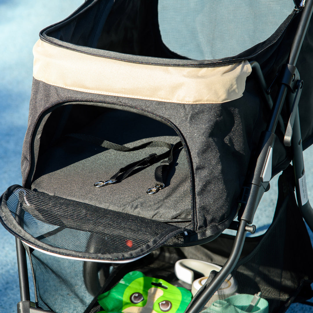 Kæledyrsklapvogn, sammenklappelig hundeklapvogn med regnslag og 2 kopholdere, blå + khaki