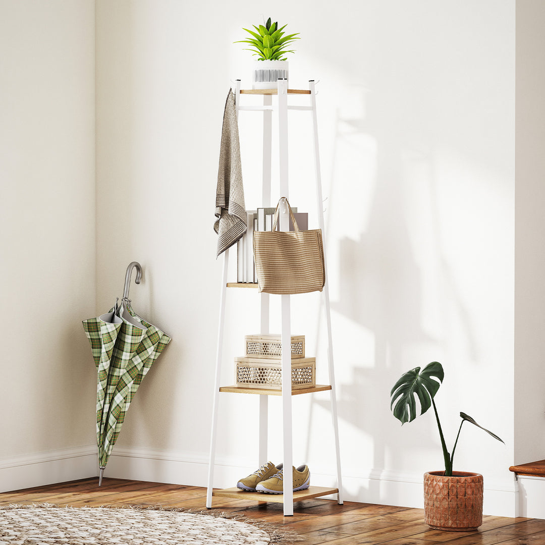 Tøjstativ, trapezformet design, tre etager, 8 dobbelte knager, stål, hvid+eg