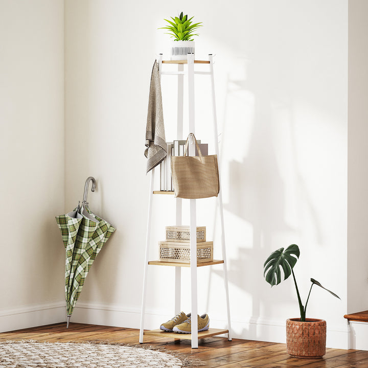 Tøjstativ, trapezformet design, tre etager, 8 dobbelte knager, stål, hvid+eg