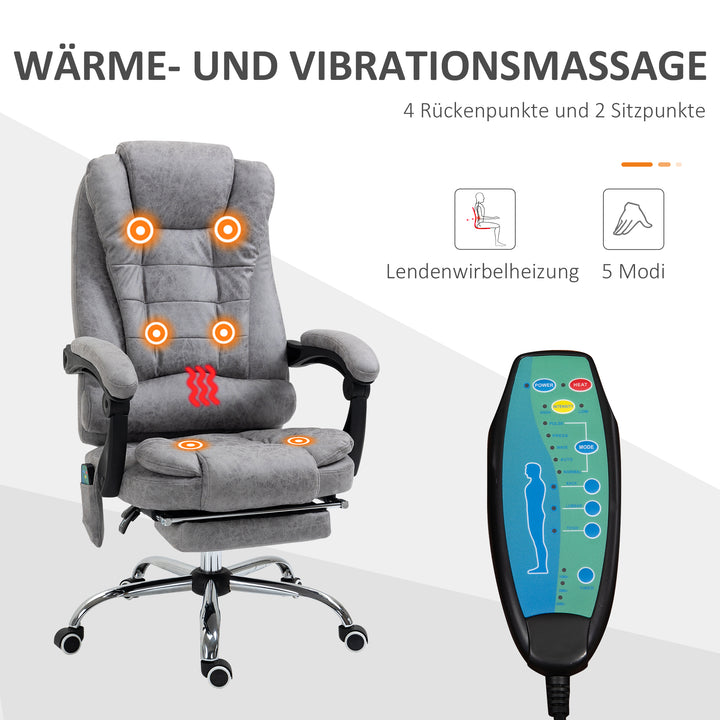 Kontorstol med massagefunktion, ergonomisk skrivebordsstol med lænefunktion og varmefunktion, fjernbetjening, grå