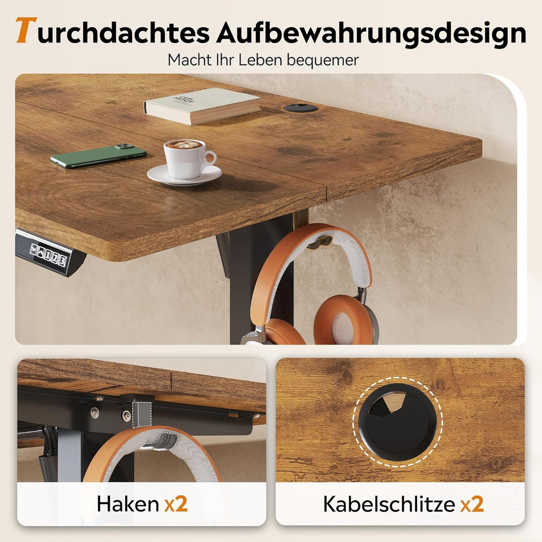 DEVAISE højdejusterbart skrivebord 160×70 cm, støjsvag motor med 3 højdeindstillinger, justeringsområde 72–118 cm, ergonomisk hæve-sænke skrivebord til kontor, brun