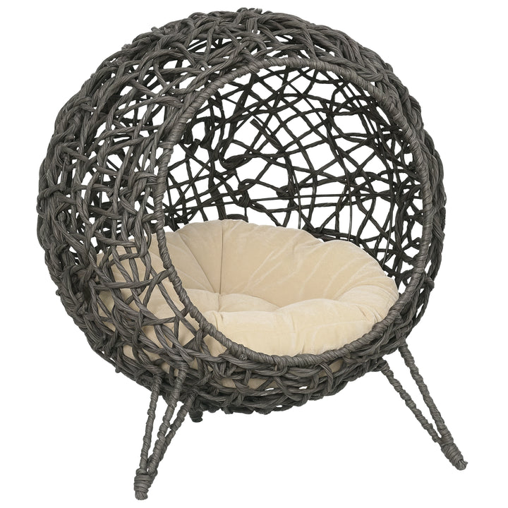 Rattan kattehus med hynde, katteseng, kattehule med hævede fødder, sølvgrå, Ø52 x 58 cm