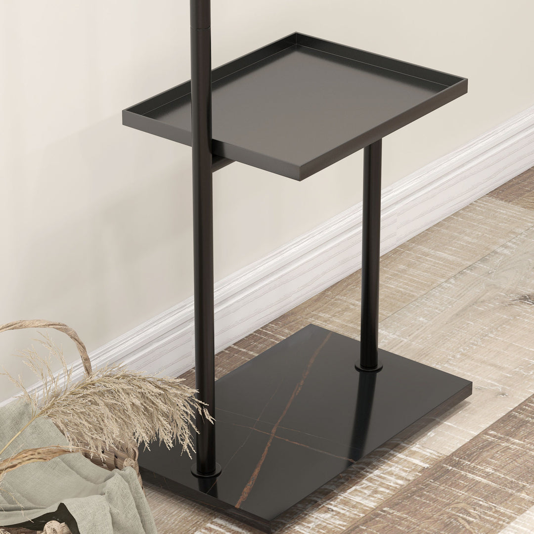 Knagerække, bøjlestang med stopper, 3 kroge, opbevaringsrum, kunststensfod, sort