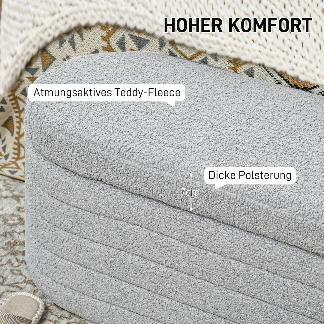 Sengebænk, opbevaringsplads, teddy fleece, 116x41x40,5cm, lysegrå