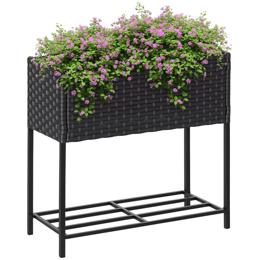 Højbed, blomsterkasse, dyb hylde, metalstel/polyrattan, 70 x 30 x 70 cm, mørkebrun