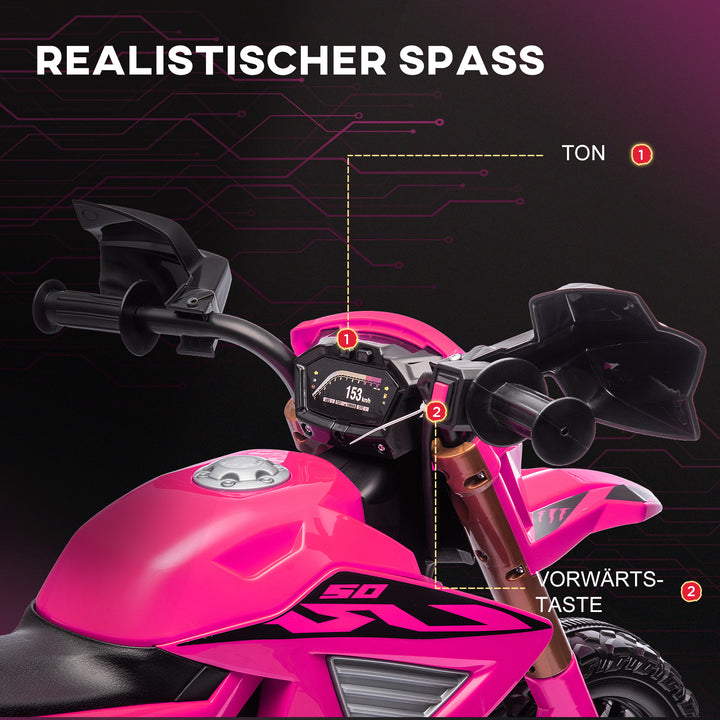 Elmotorcykel til børn, 12v børnemotorcykel med støttehjul, børnekøretøj med horn og startlyd, 3 km/t, lyserød