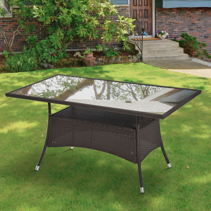 Havebord glasbord spisebord havemøbelbord, polyrattan + sikkerhedsglas, brun + sort, 150x85x74cm