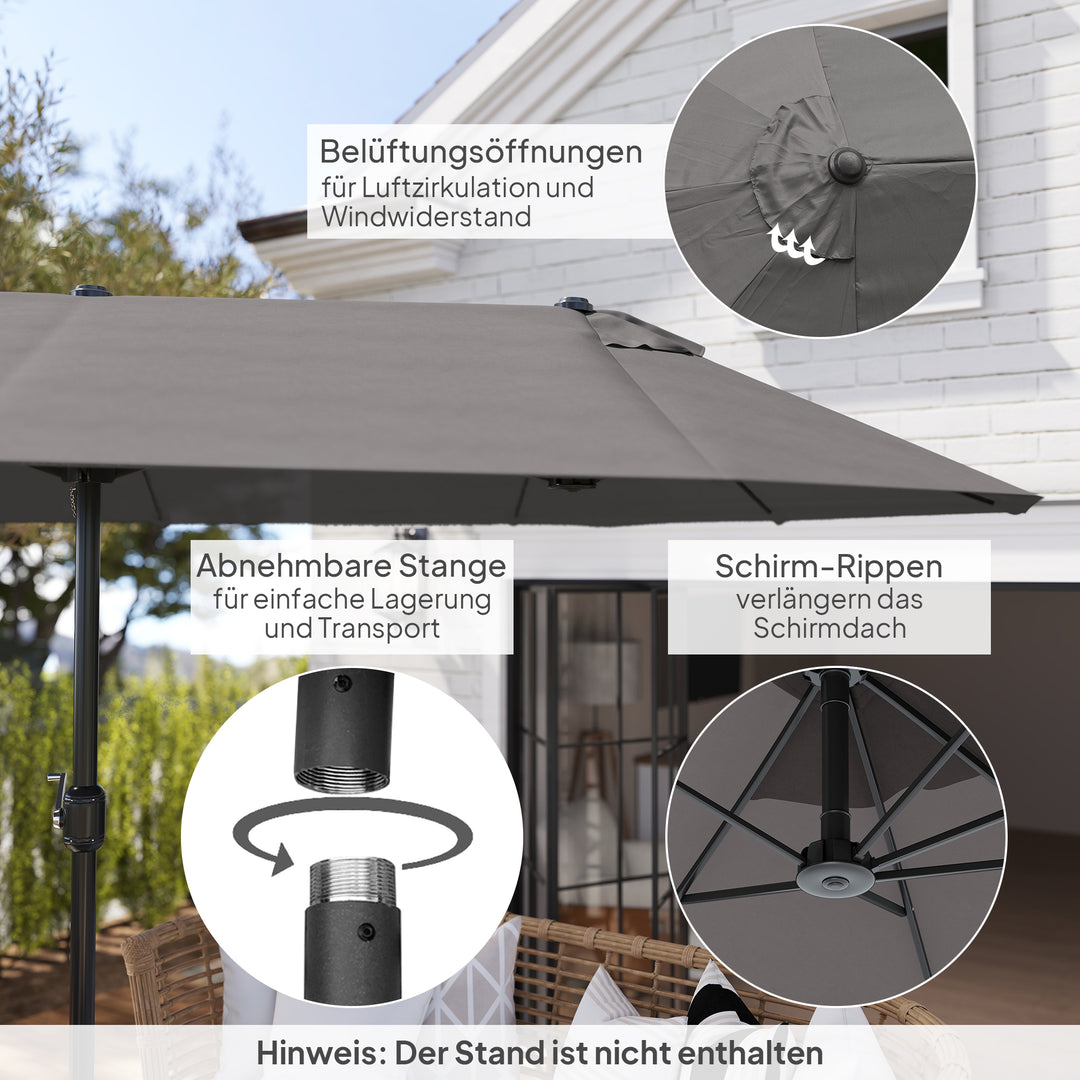 Dobbelt parasol 455 x 265 cm, UV-beskyttende parasol med håndsving, vindtæt balkonparasol, håndsvingparasol, solskærm til balkon og have, grå