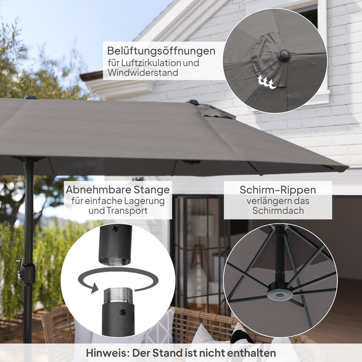Dobbelt parasol 455 x 265 cm, UV-beskyttende parasol med håndsving, vindtæt balkonparasol, håndsvingparasol, solskærm til balkon og have, grå