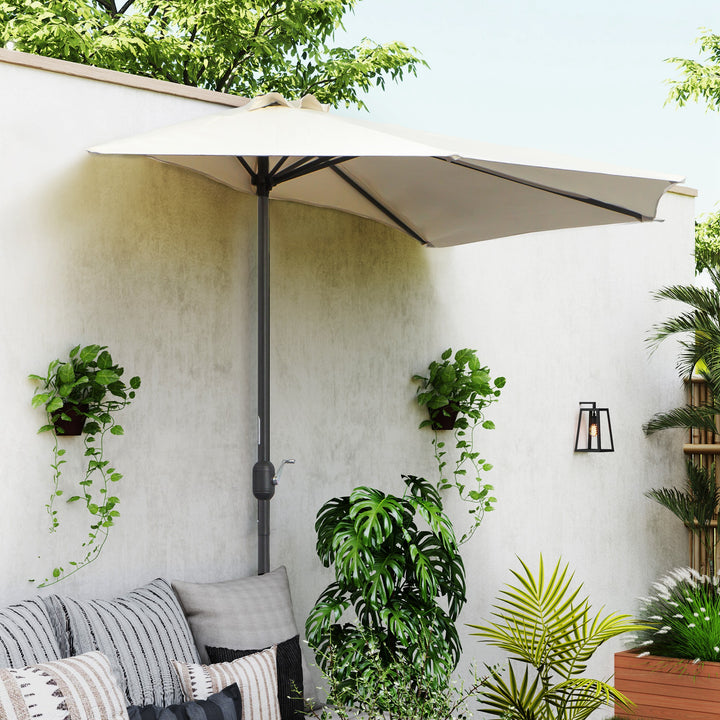 Halvcirkelformet parasol med håndsving, haveparasol, metalstel, balkonparasol, 293x150 cm, cremehvid