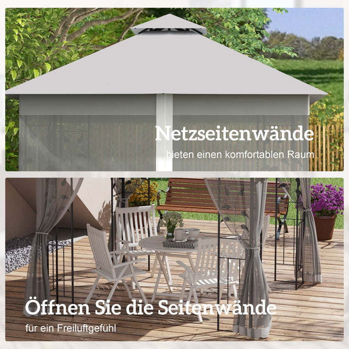Pavillon med dobbelttag, 3x3 m, vandafvisende, stabil, vintersikker, havepavillon med myggenet, lysegrå