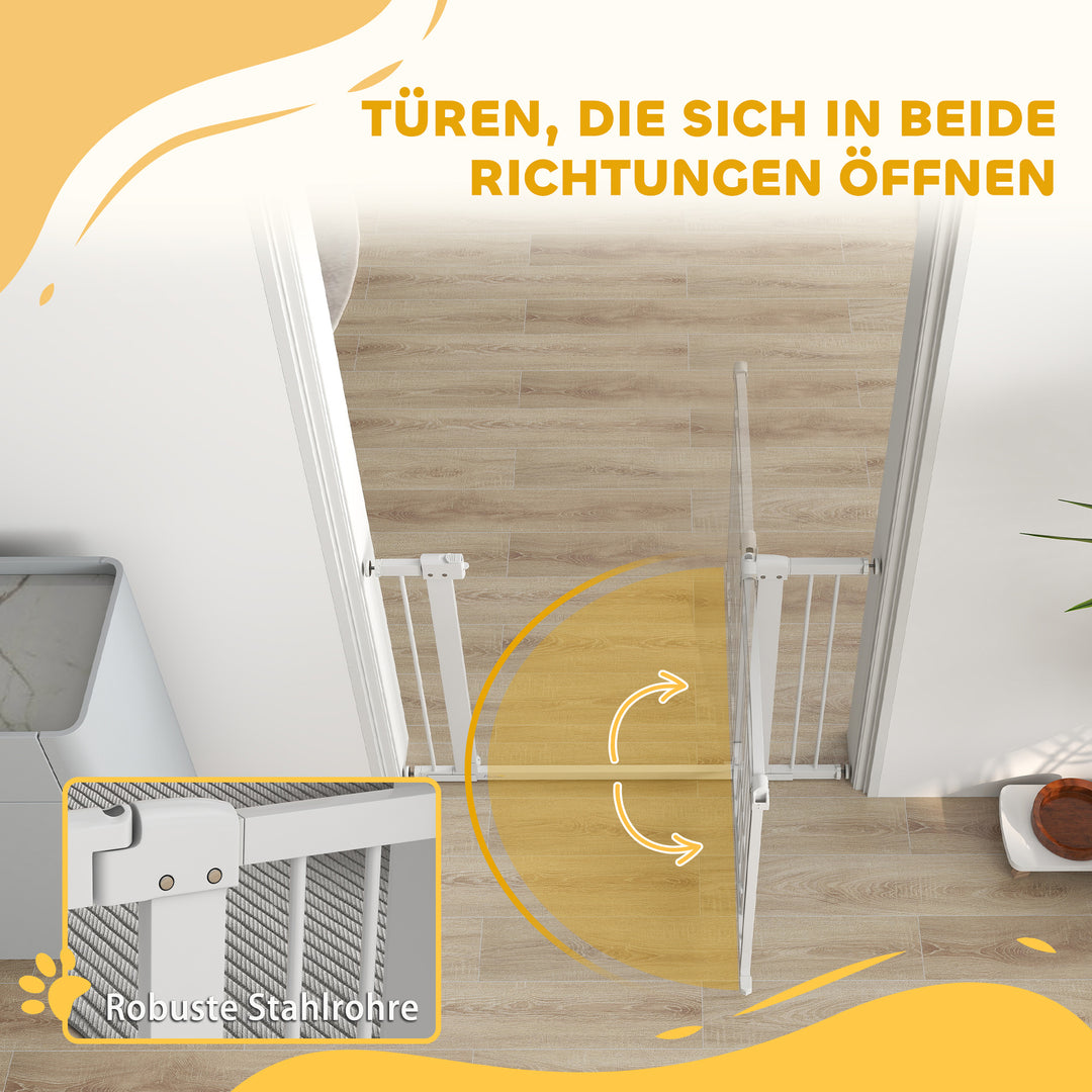 Kæledyrsgitter, 77 cm trappegitter, justerbar bredde 76-104 cm, med kattelem, til trapper og døråbninger, hvid