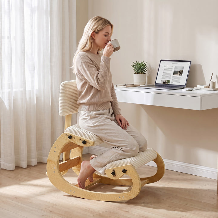 Ergonomisk knælestol med ryglæn, corduroy-look, cremehvid