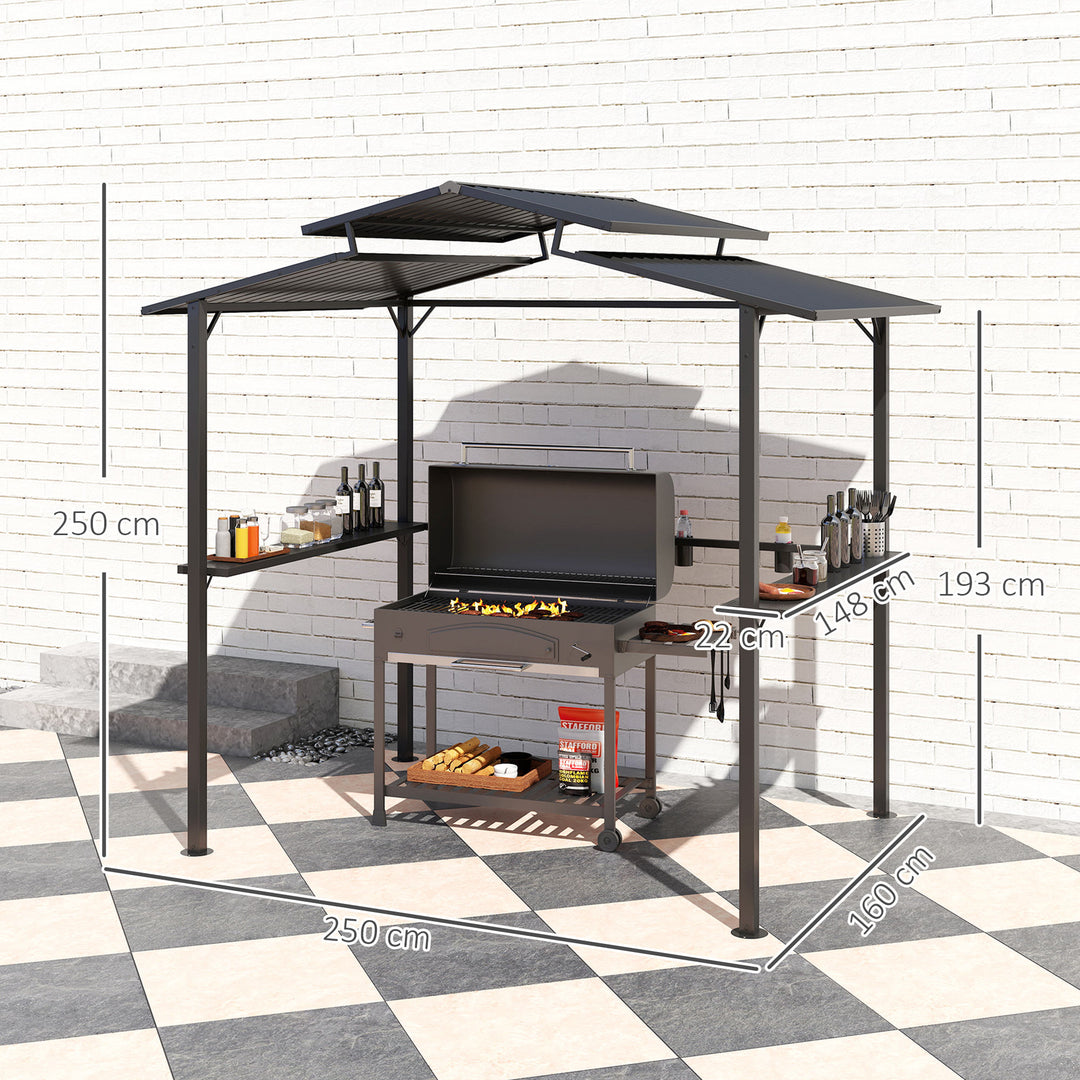 Grillpavillon 250 x 160 x 250 cm, vandtæt havepavillon med dobbeltlagstag og sidehylder, sort