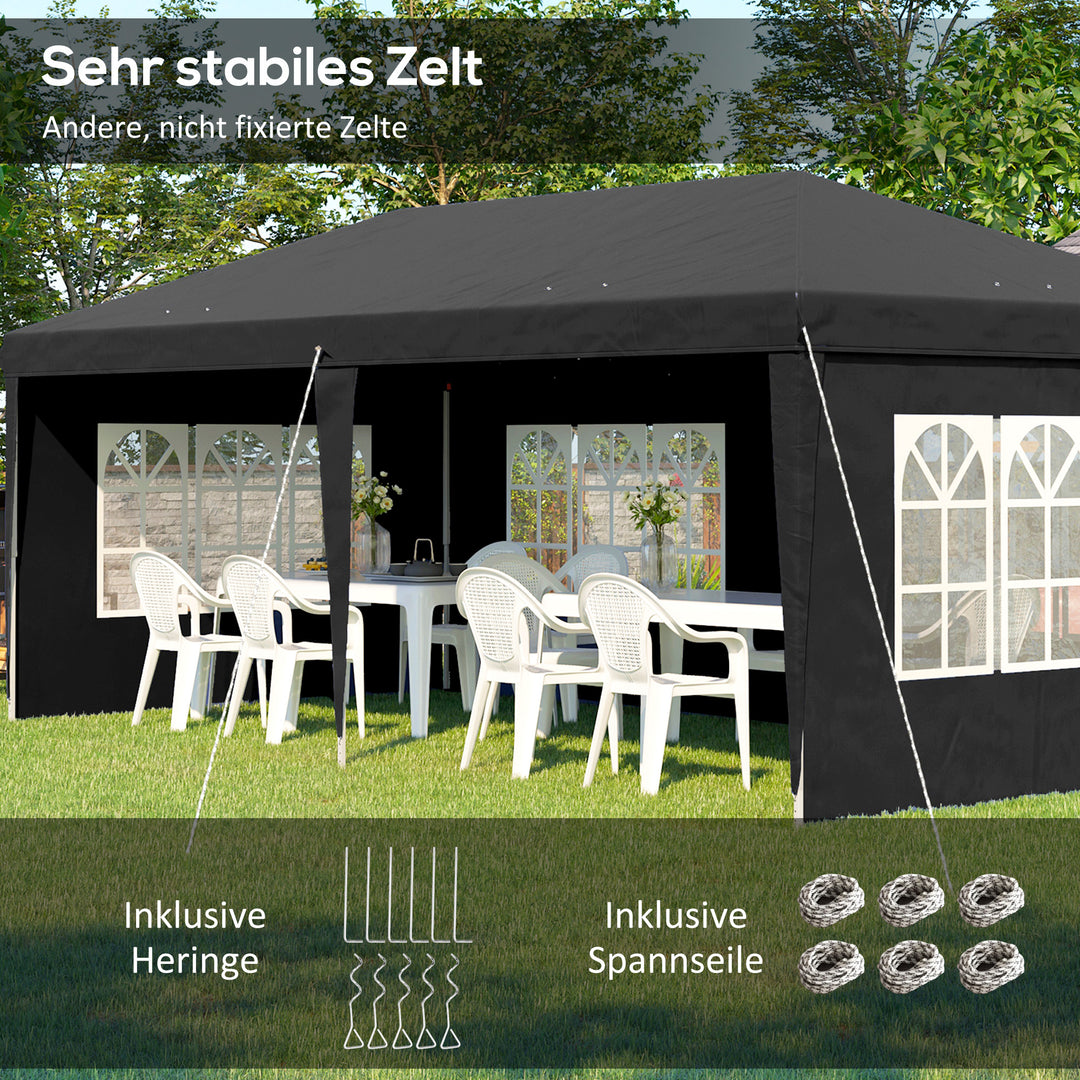 Pavillon ca. 3x6m Vandtæt Pop-up Foldepavillon med 4 sidepaneler, vindue, UV-beskyttelse, bæretaske, sort