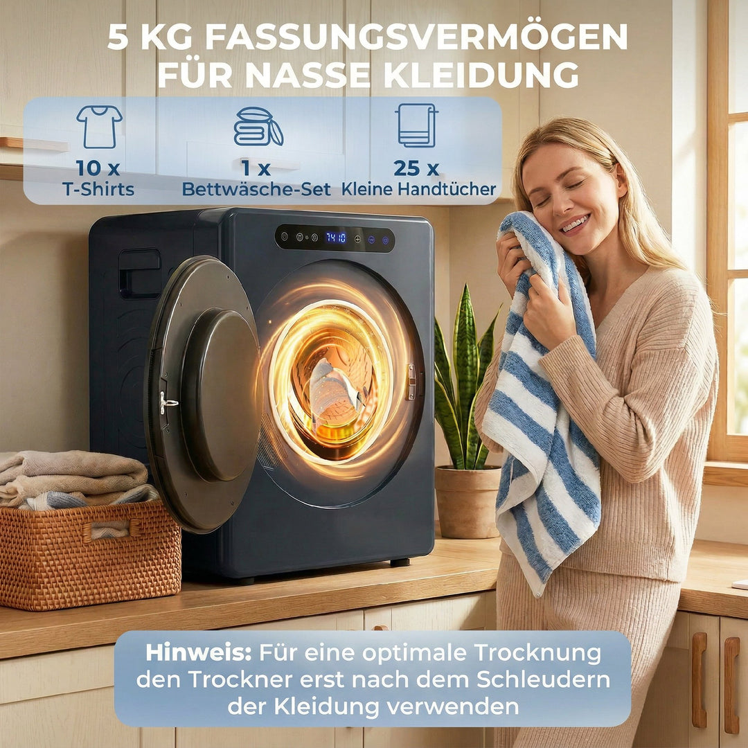 5 kg udluftet tørretumbler, 1000W kompakt fritstående frontbetjent tørretumbler med tromle i rustfrit stål, timer, blå