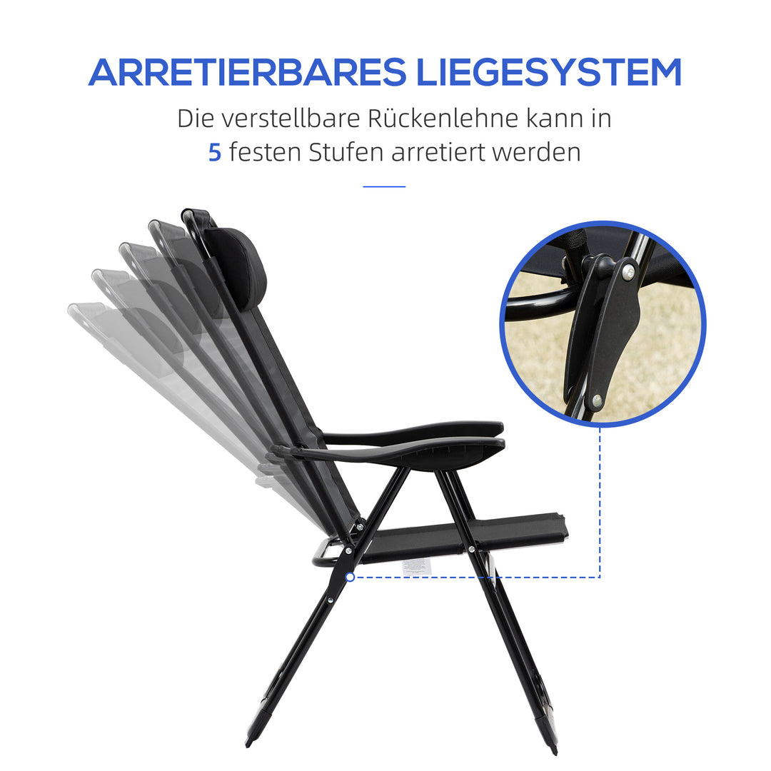 Klapstolsæt med 2, foldbar liggestol, vejrbestandig, justerbar ryglæn med 5 positioner, metalstel, sort