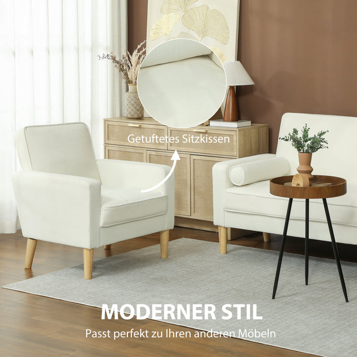 Polstret lænestol med armlæn, ryglæn med hvilefunktion, ben i gummitræ, cremehvid