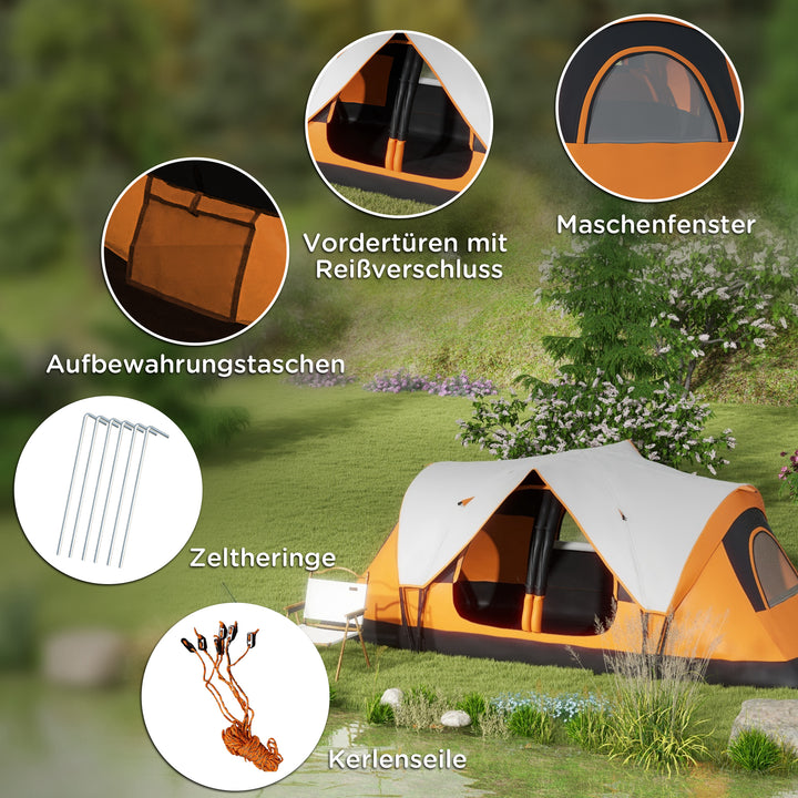 Campingtelt, 2 rum, skillevæg, til 6-8 personer, regnslag, orange