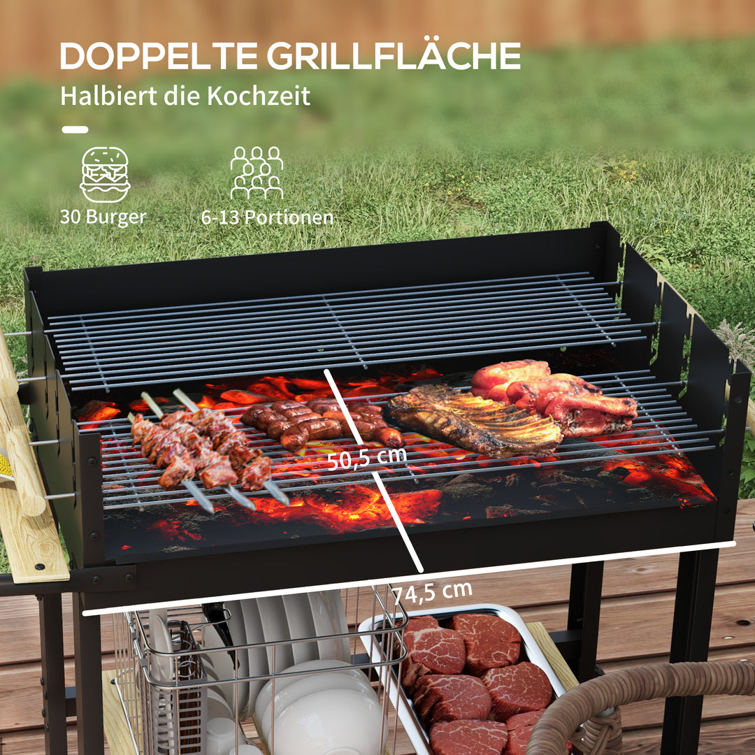 Kulgrill, grillvogn, 2 grillflader, 2 hjul, håndtag, hylder, 113 x 53,5 x 82,5 cm, sort