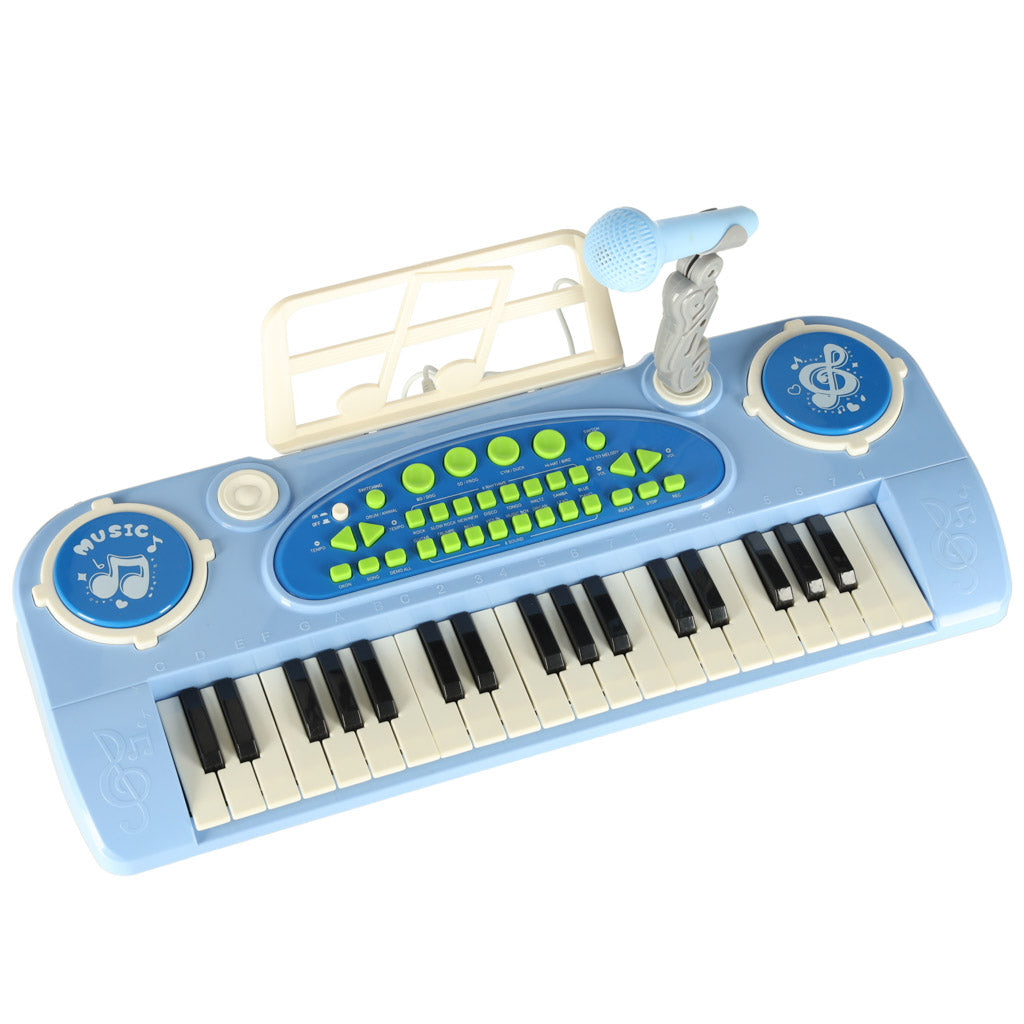 Keyboard til børneklaver interaktivt orgel 37 tangenter mikrofon stativ blå
