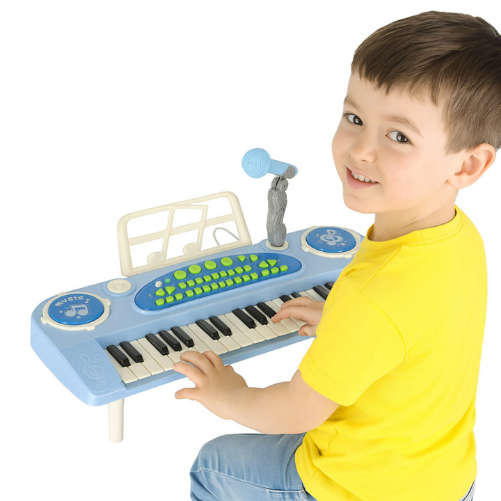 Keyboard til børneklaver interaktivt orgel 37 tangenter mikrofon stativ blå