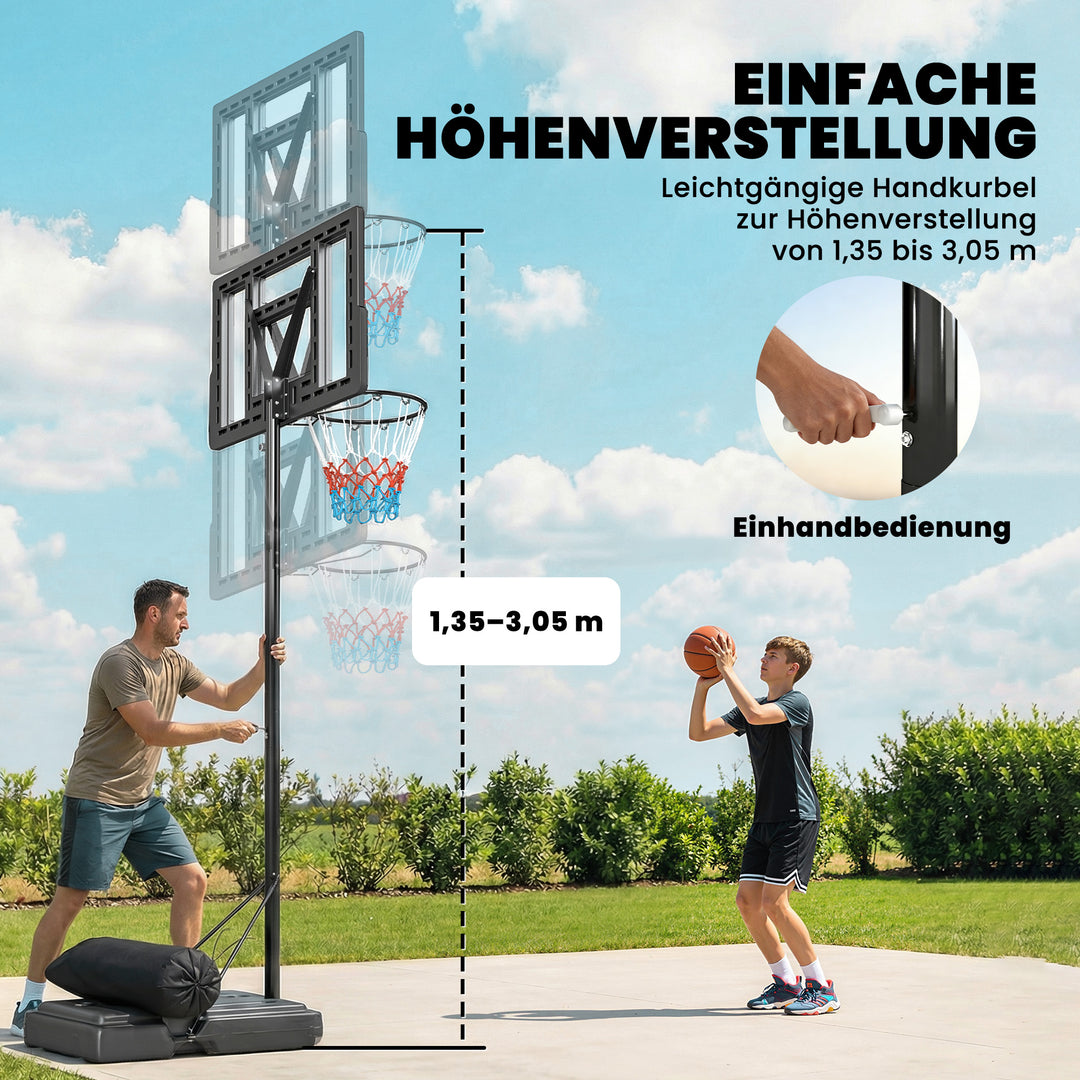 Udendørs basketballkurv 135-305 cm, hurtigt højdejusterbar, basketballstativ med 110x70 cm brudsikkert bagpanel, 2 hjul