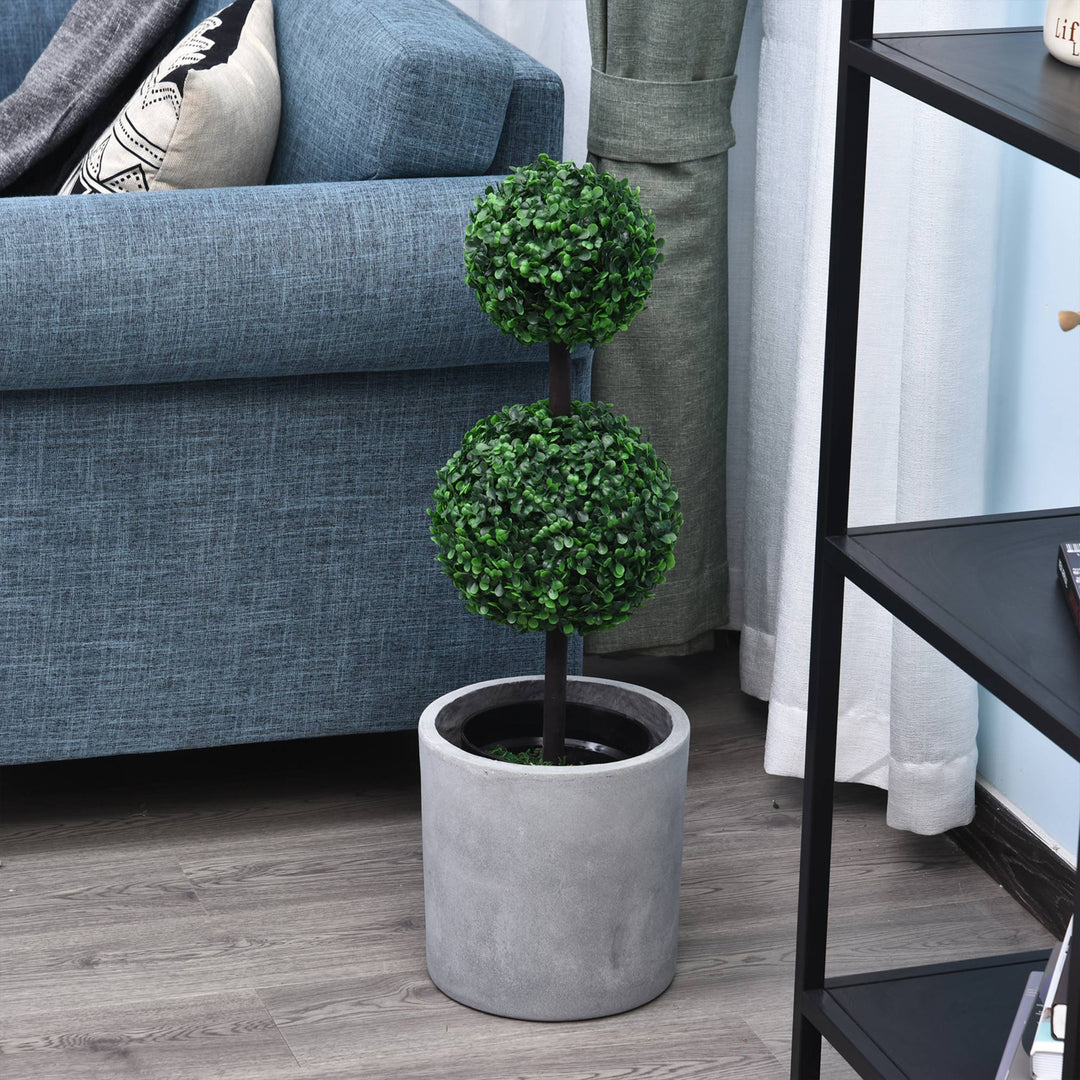 Sæt med 2 kunstige planter, kunstige planter i kugledesign, kunstigt træ i cementpotte, plastikplante, grøn+sort